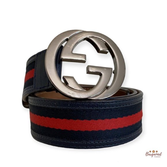 Authentic Gucci Web Navy/Red Canvas Leather Interlocking G Buckle Belt 80/32 - Picture 1 of 12